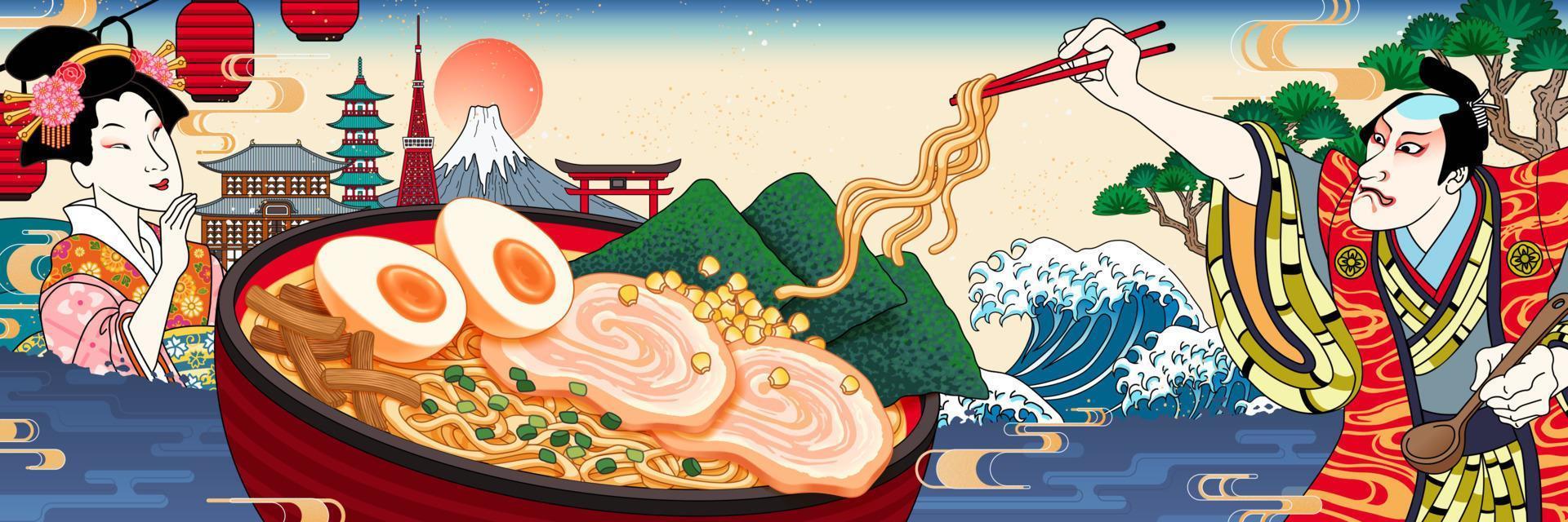 utsökt tonkotsu Ramen buljong baner illustration i ukiyo-e stil vektor