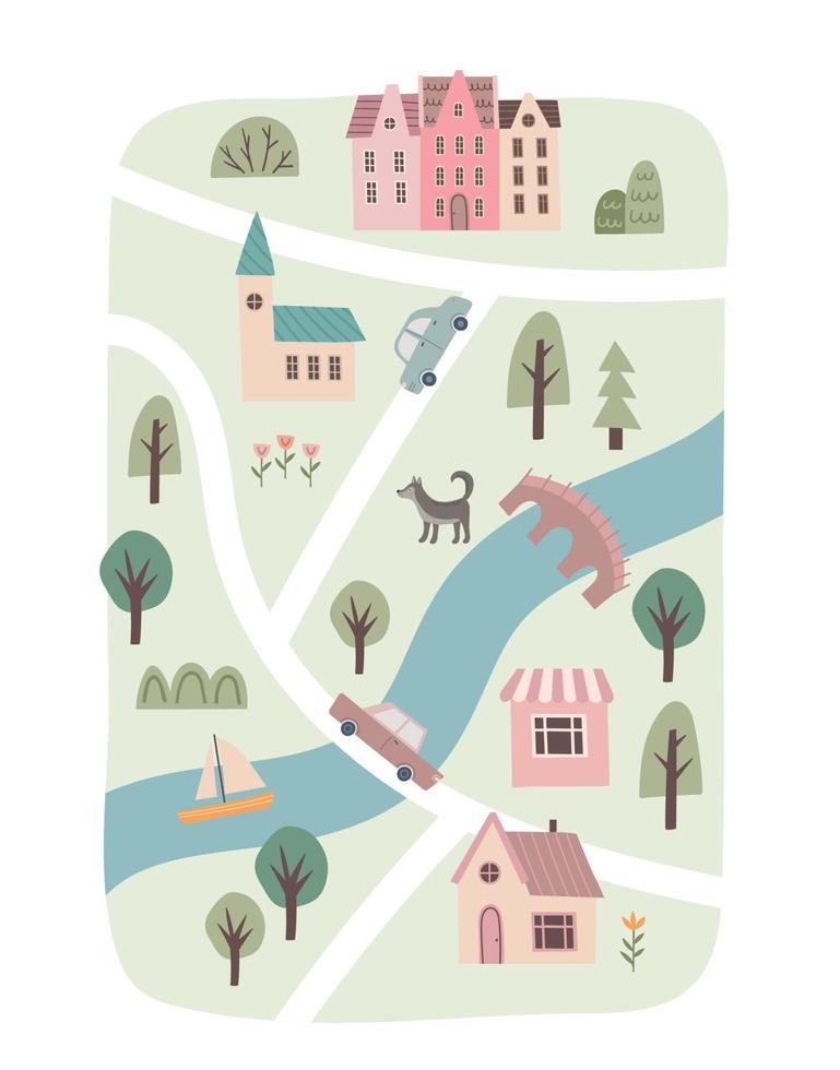 söt stad Karta för barn design. hand dragen vektor illustration. bebis skriva ut med tecknad serie vägar, natur, stad, skog, flod och djur. barnkammare begrepp för strö, affisch