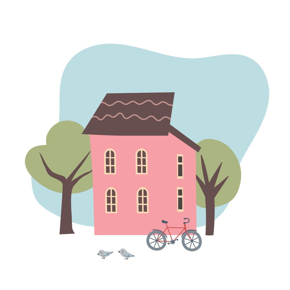 Vektor Karikatur Illustration von süß Haus. gemütlich heim. skandinavisch Stil. Sommer- Landschaft von mit Privat Gebäude auf Weiß Hintergrund.