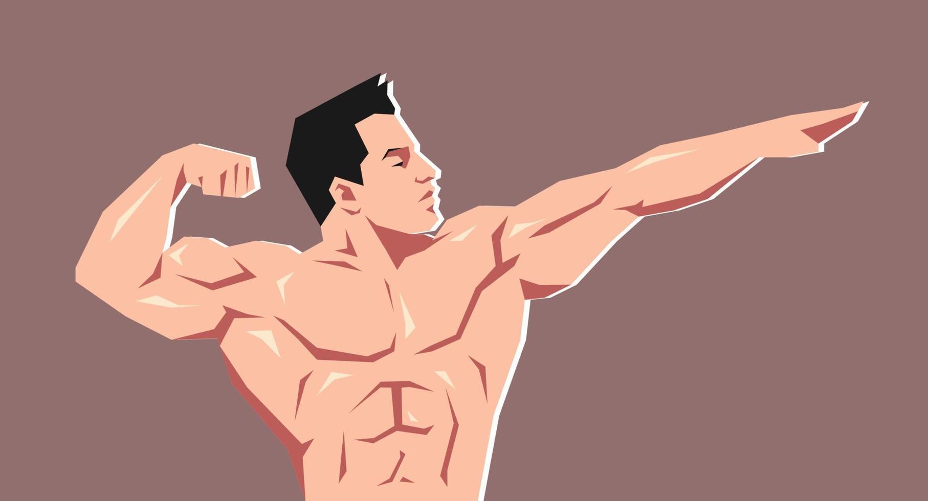 männlich Bodybuilder posieren. muskulös, stark. Hälfte Körper. Karikatur eben Vektor Illustration.