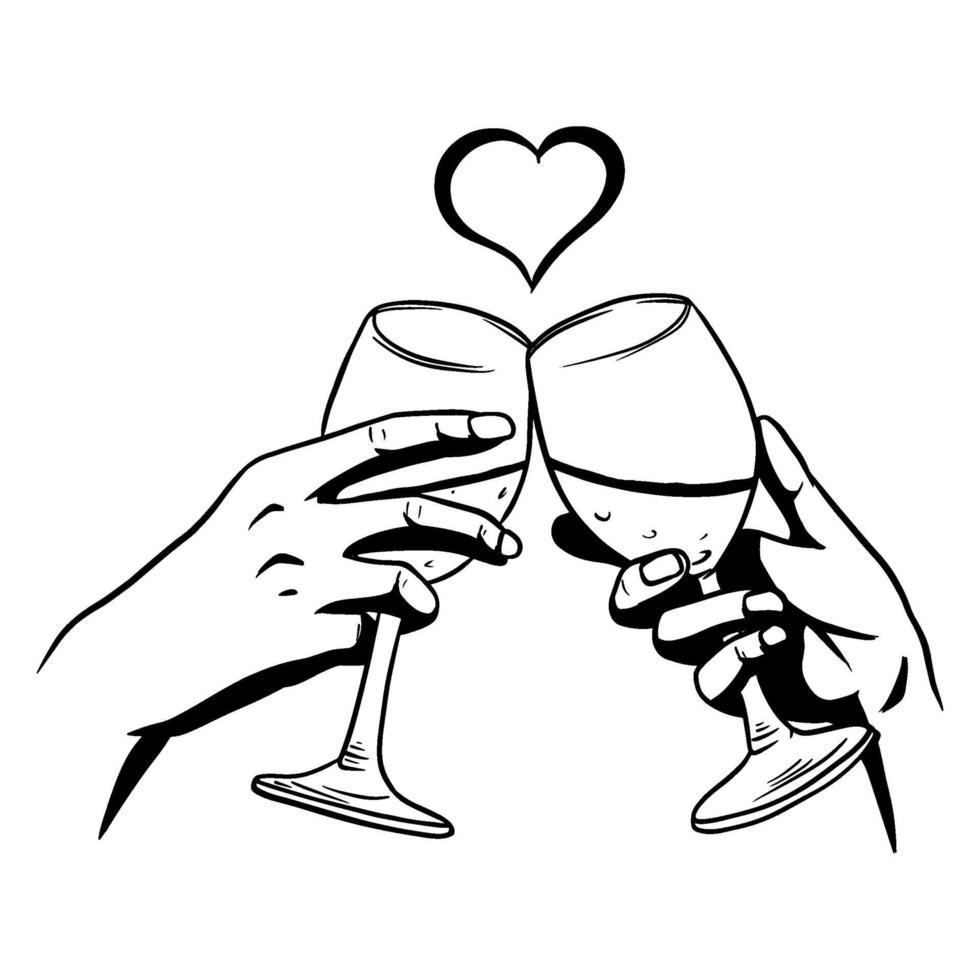Hände von Liebenden mit Gläsern Wein. Valentinstagskarte. vektor