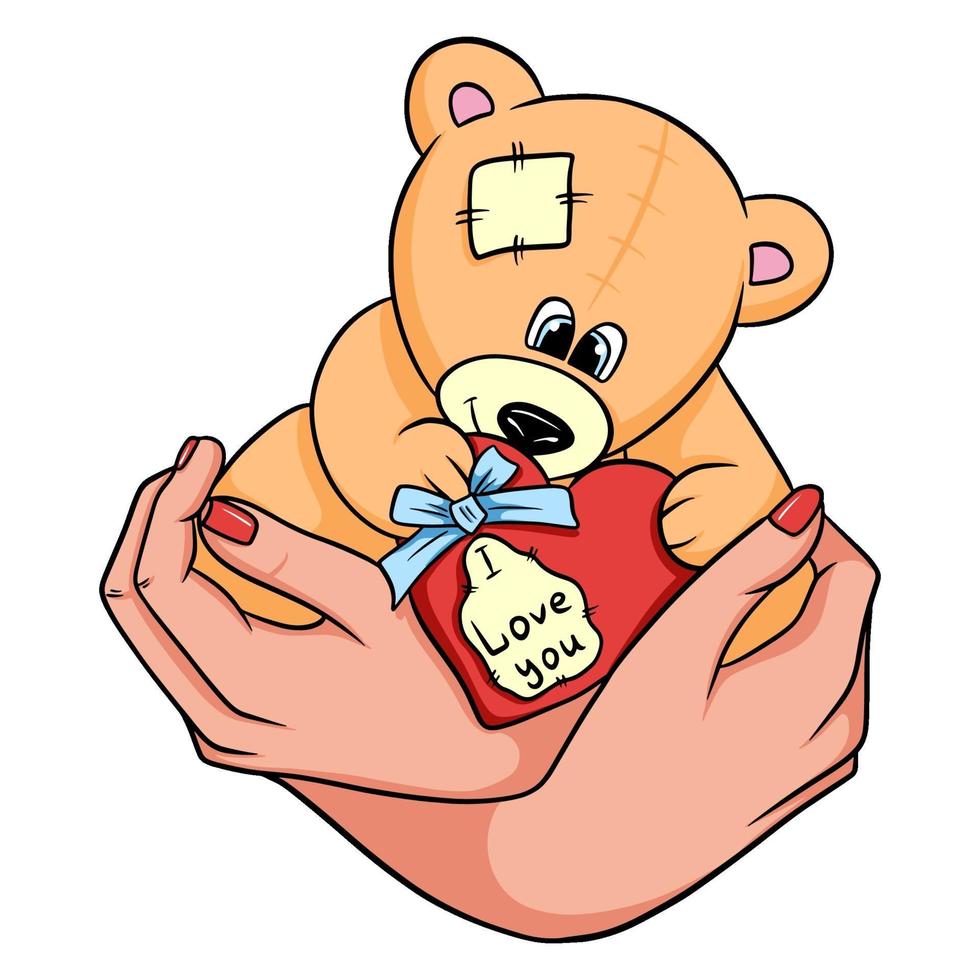 Teddybär mit einem Herzen in den Händen. vektor