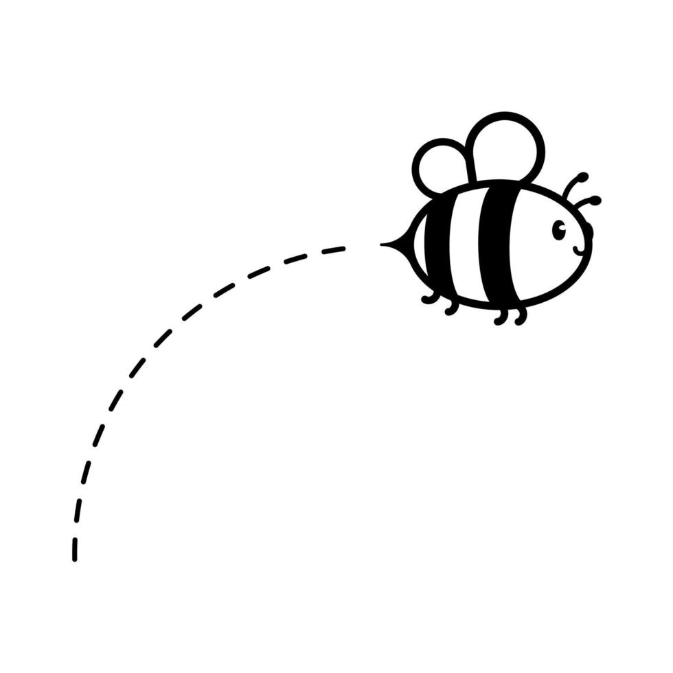 tecknad serie söt liten bi flygande på de prickad linje till hitta ljuv honung vektor