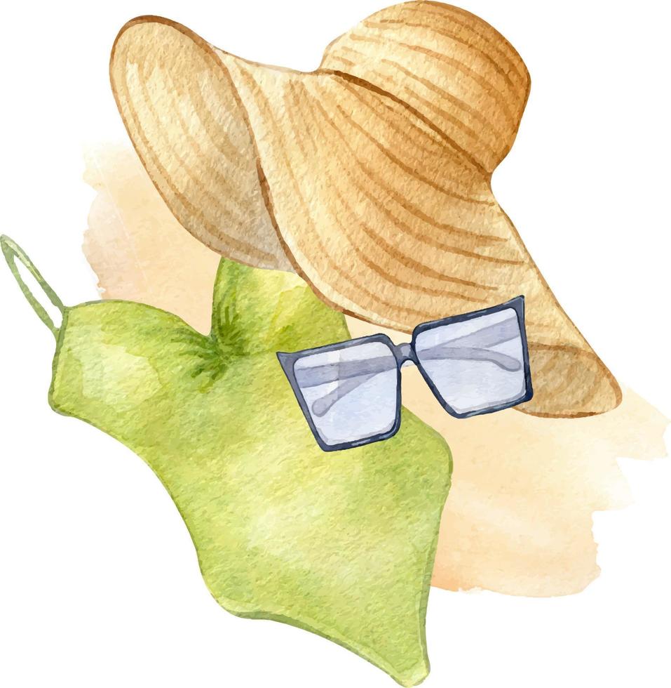 Komposition von Frau Sommer- Kleider Aquarell Illustration isoliert auf Weiß. Strand Stil, Badeanzüge, Stroh Hut, Brille Hand gezeichnet. Design zum Geschäft, Verkauf, Zeitschrift, Verpackung, Vitrine, Muster vektor