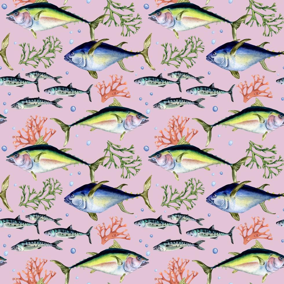 olika vild hav fisk sömlös mönster vattenfärg illustration isolerat på rosa. vektor