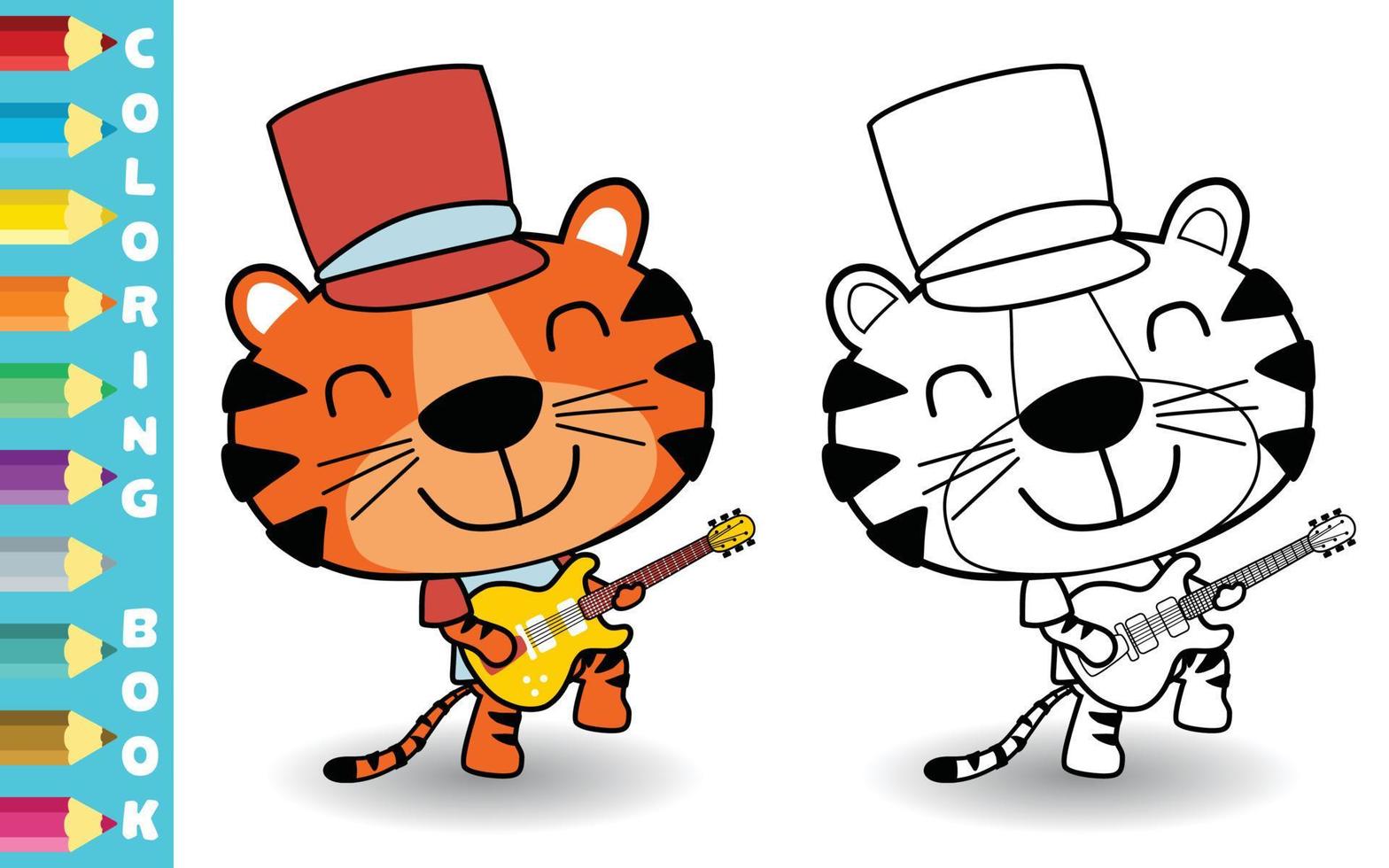 Vektor Karikatur von süß Tiger spielen Gitarre, Färbung Seite oder Buch