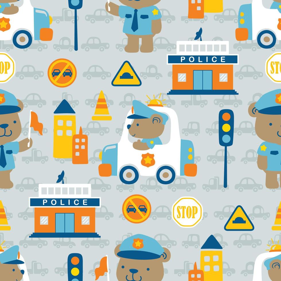 Vektor nahtlos Muster von der Verkehr Elemente Karikatur mit süß Bär im Polizei Uniform auf Fahrzeuge Hintergrund