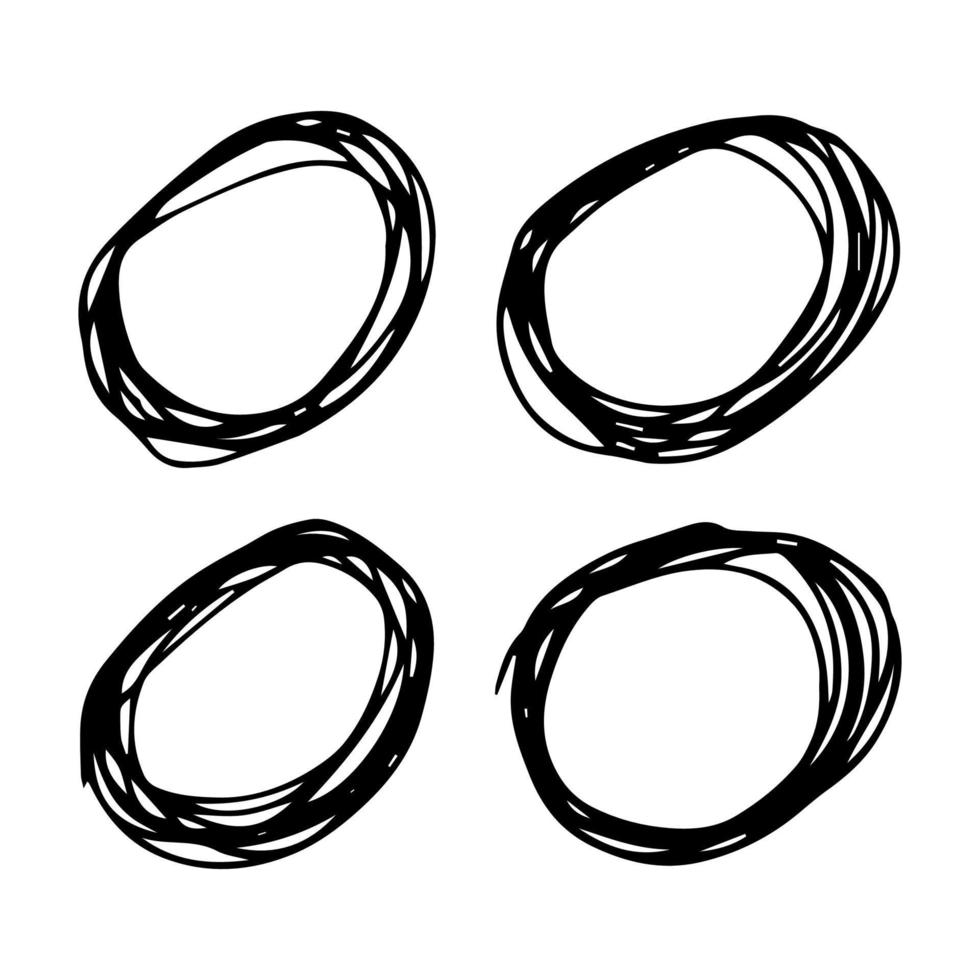 handgezeichnete Kritzelkreise. Satz von vier runden runden Gestaltungselementen des schwarzen Gekritzels auf weißem Hintergrund. Vektor-Illustration vektor
