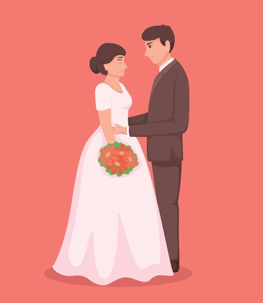 Braut im Weiß Kleid und Bräutigam im Anzug. Paar Hochzeit Vektor Illustration