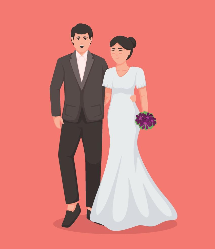 brud i vit klänning och brudgum i kostym. par bröllop vektor illustration