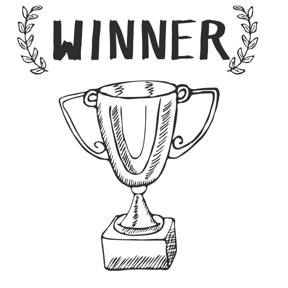 sport trofé skiss doodle. handritad vinnare pris på svarta tavlan bakgrund vektor