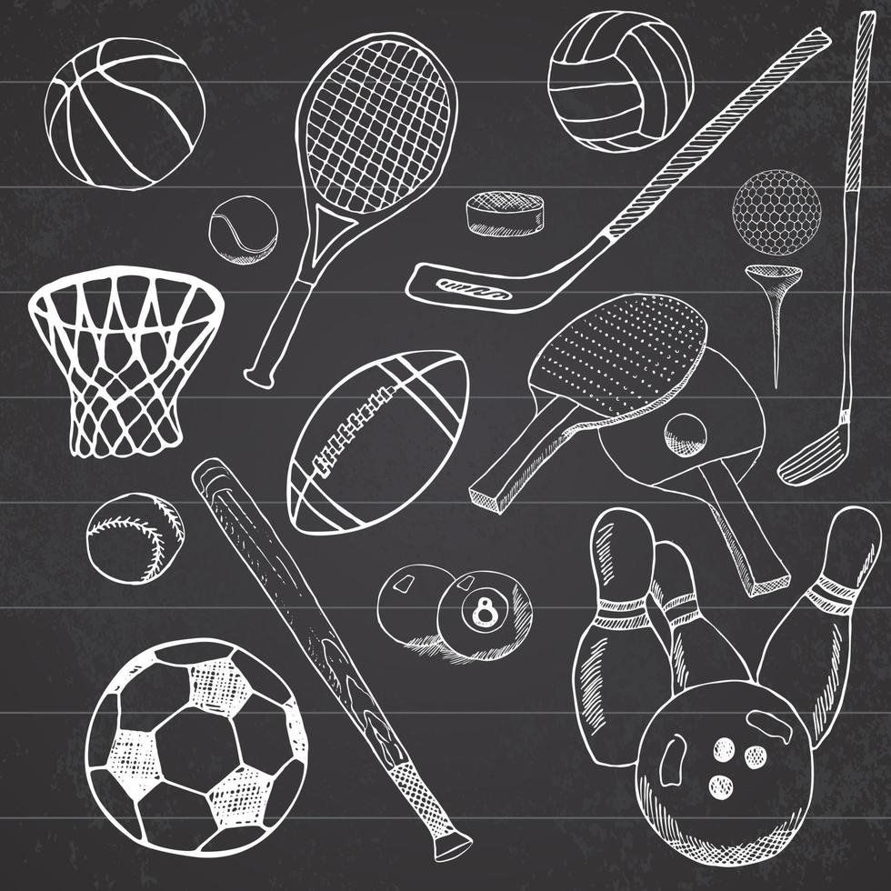 Hand gezeichnete Skizze der Sportbälle, die mit Baseball, Bowling, Tennisfußball, Golfbällen und anderen Sportartikeln gesetzt wird. Zeichnen von Kritzeleien. Sammlung, lokalisiert auf weißem Hintergrund vektor