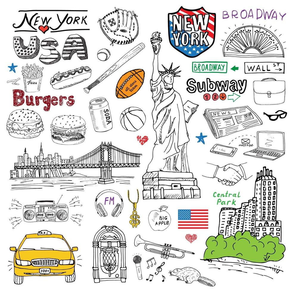 New York City doodles element. handritad set med, taxi, kaffe, hotdog, frihetsstatyn, broadway, musik, kaffe, tidning, museum, central park. ritning doodle samling, isolerad på vitt vektor