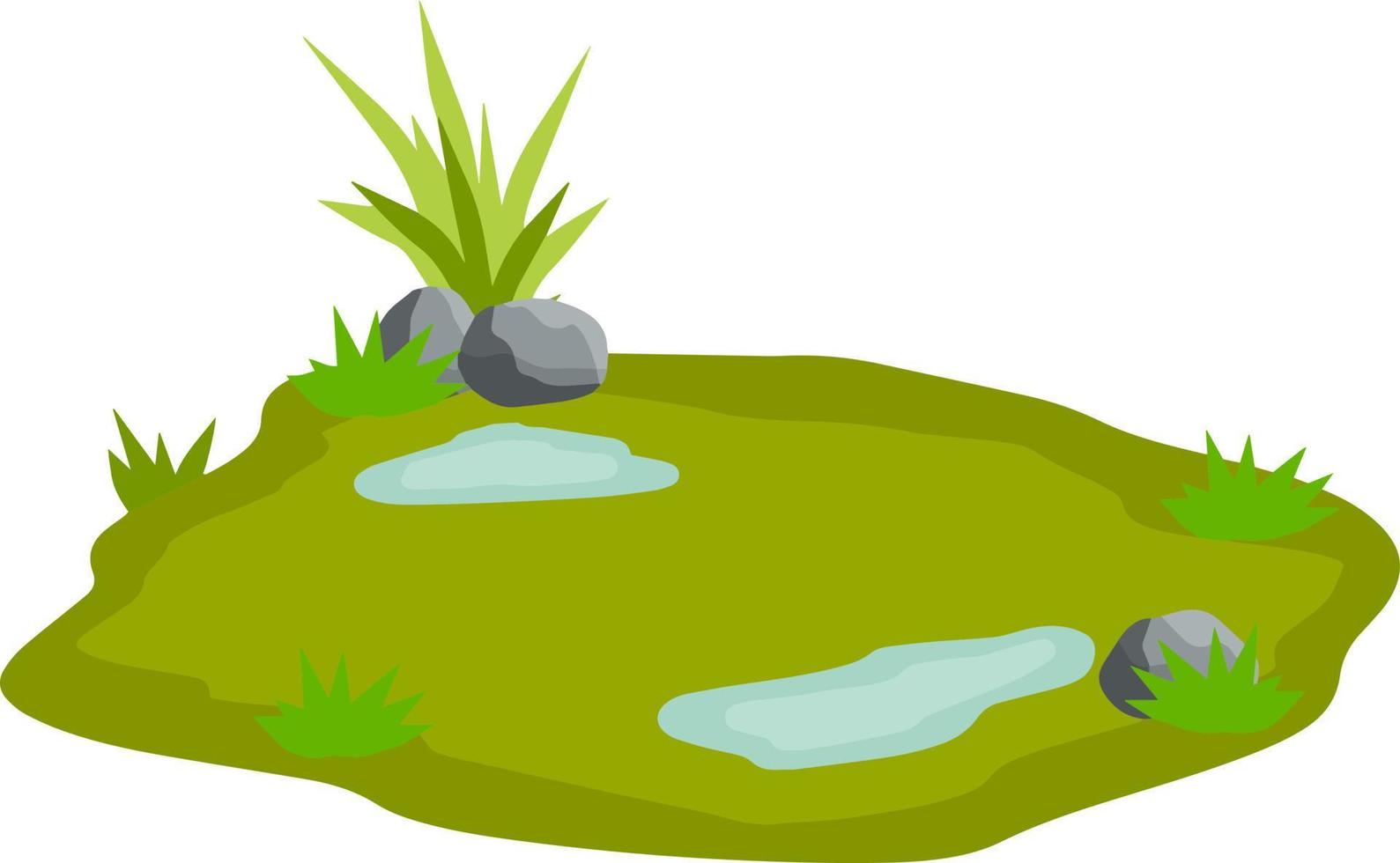 damm och träsk, sjö. landskap med gräs, stenar. plattform och jord. bakgrund för illustration. platt tecknad serie. element av natur och skogar och vatten vektor
