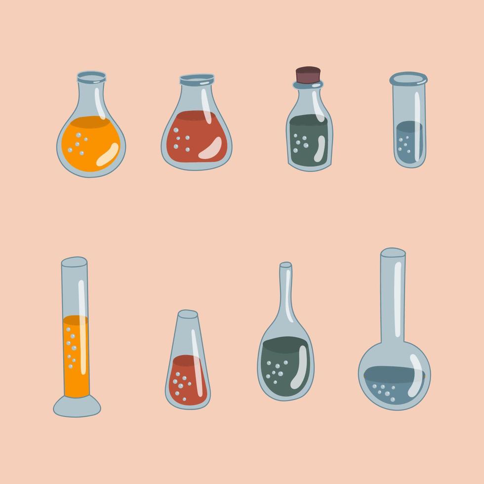 transparent glas med kemisk reagens. laboratorium testa rör. medicinsk vetenskaplig forskning. experimentera Utrustning. labb mätning bägare. vektor