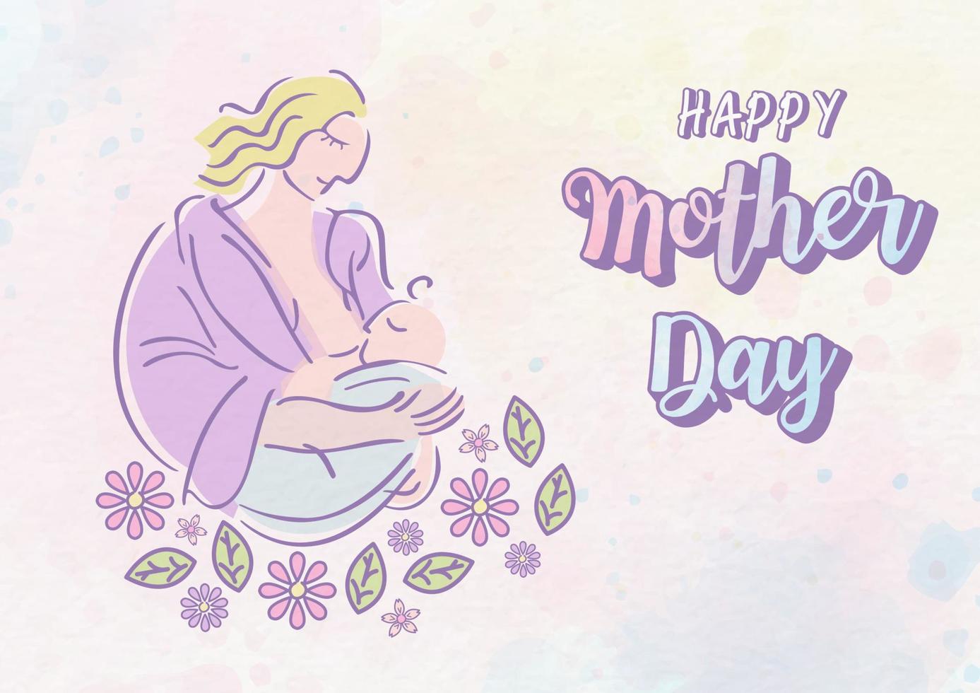 Frau mit Neugeborene Baby saugen Brust Milch und schmücken Blumen, Wortlaut von Mutter Tag, alle auf bunt Aquarell Muster Hintergrund. Gruß Karte und Poster von Mutter Tag im Vektor Design.