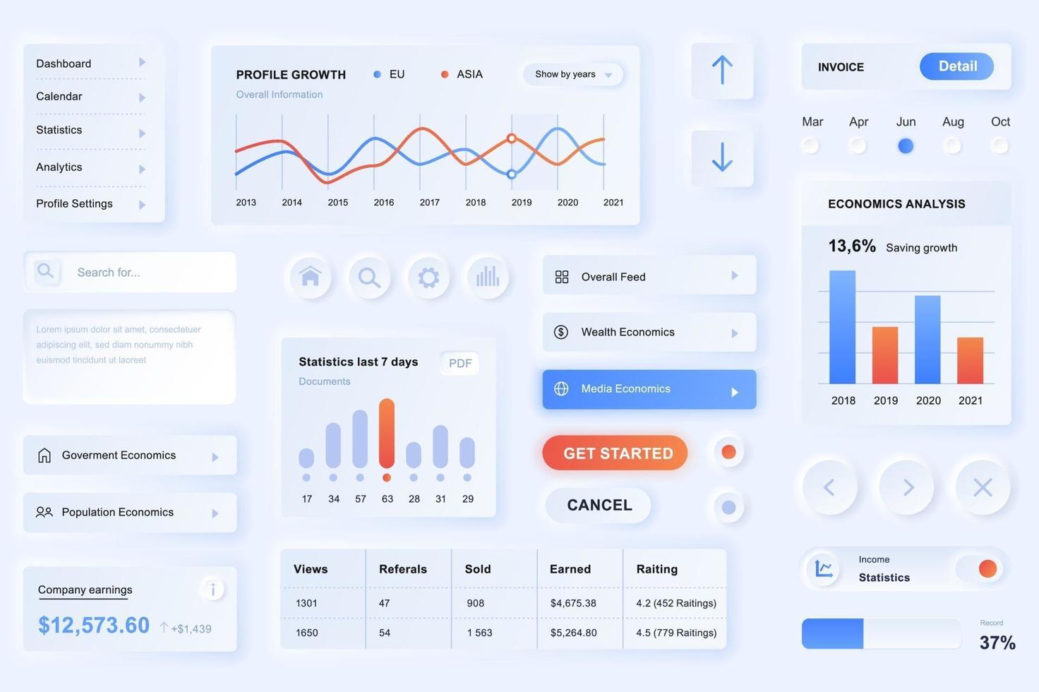 användargränssnittselement för dataanalys app neumorfisk design ui element mall vektor