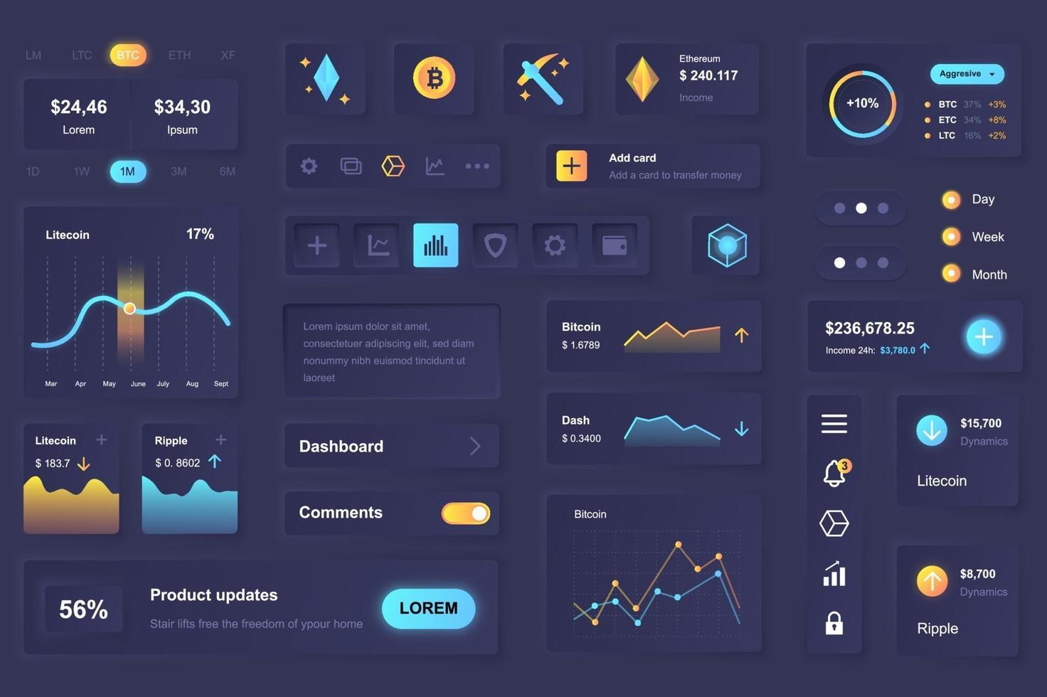 användargränssnittselement för kryptovaluta gruvmobil mobil app neumorf design ui element mall vektor