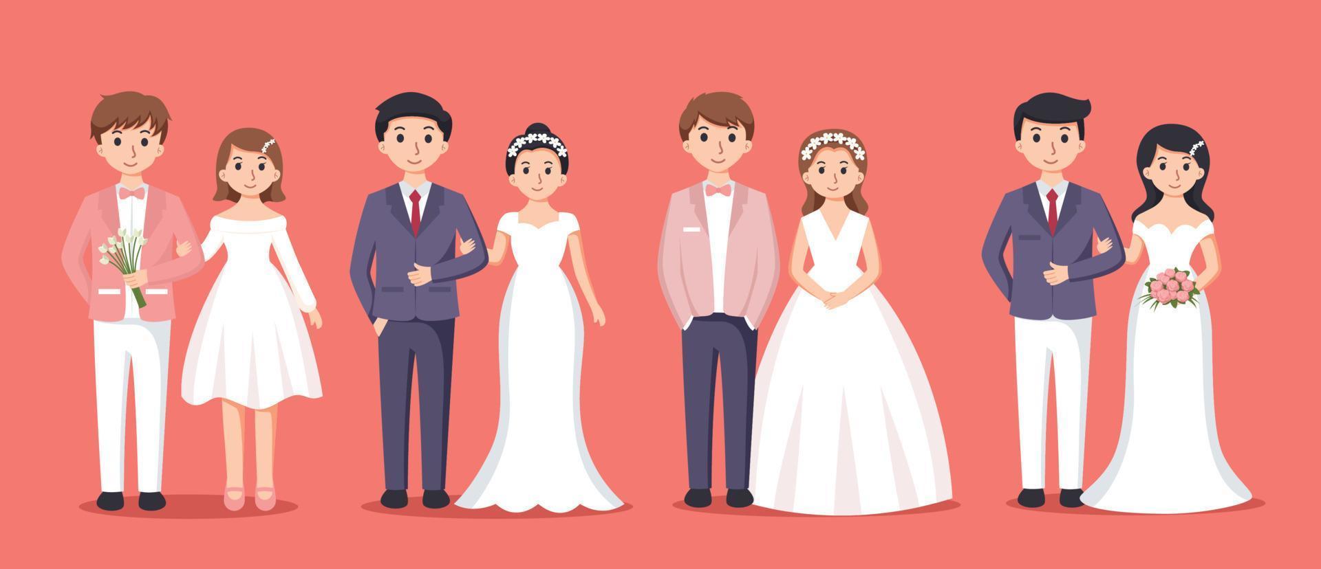 einstellen von Braut im Weiß Kleid und Bräutigam im Anzug. Paar Hochzeit Vektor Illustration