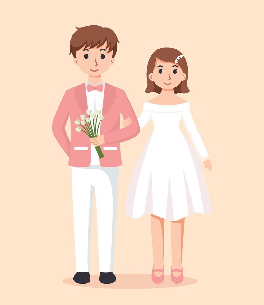 brud i vit klänning och brudgum i kostym. par bröllop vektor illustration