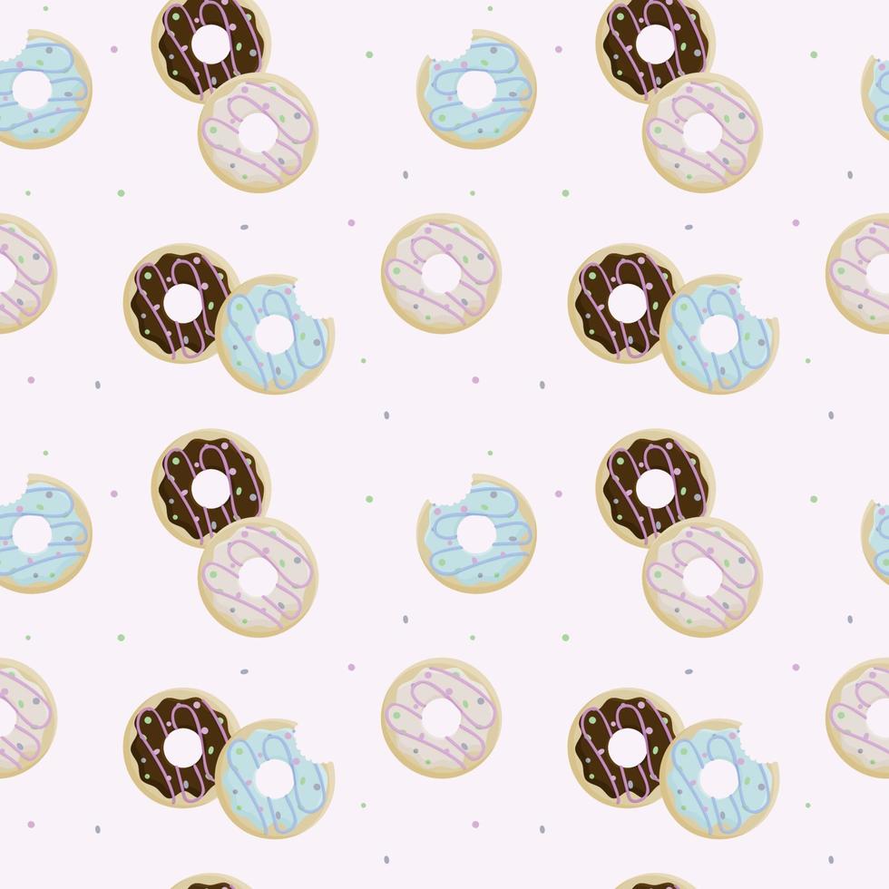 Donut Tag. nahtloses Muster von gebissenen Donuts im Zuckerguss und auf rosa Hintergrund streuen vektor
