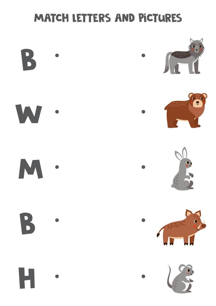 match brev och ord. logisk pussel för ungar. skog djur. vektor