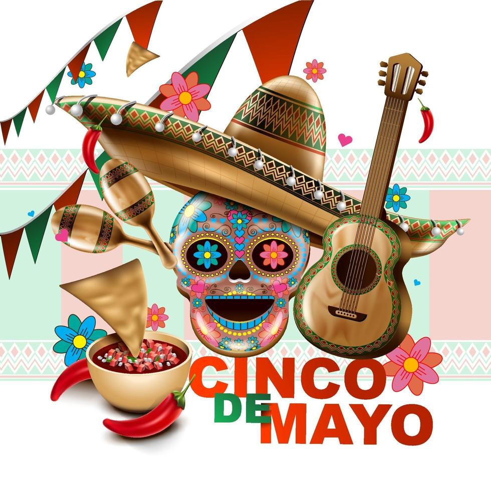 cinco de mayo mexikansk semester. sombrero hatt, maracas och tacos och festlig mat med färgerna i Mexikos flagga. vektor illustration.