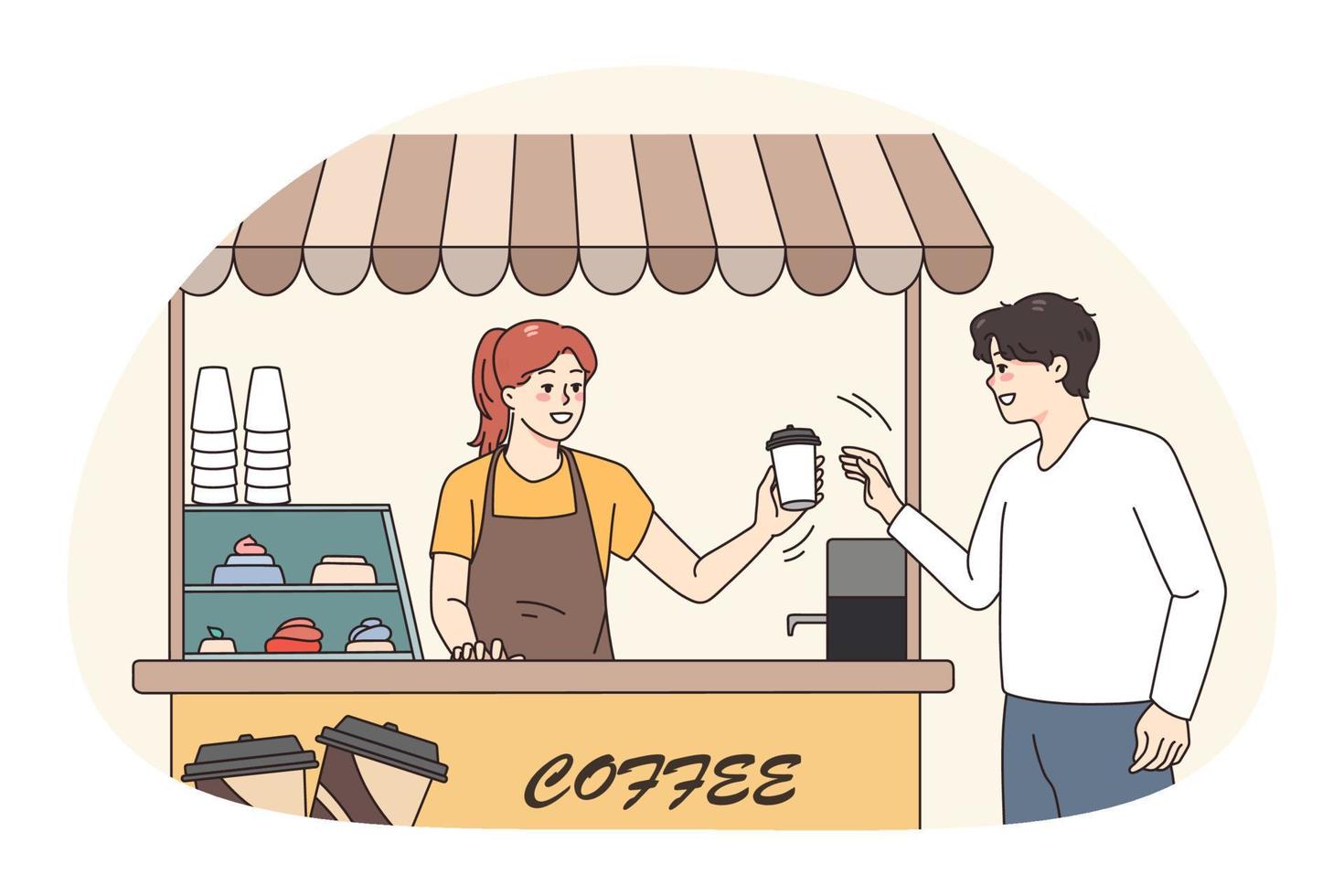 lächelnd Mann erhalten wegbringen Kaffee von Straße Cafe vektor