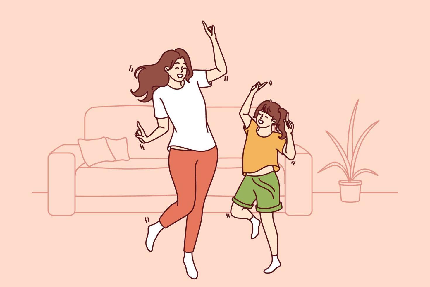 aktiva familj av dans ung mor och dotter njuter rörelse till musik. dansa av Tonårs flicka, elementärt skola studerande och mor eller äldre syster dans tillsammans utgifterna fri tid vektor
