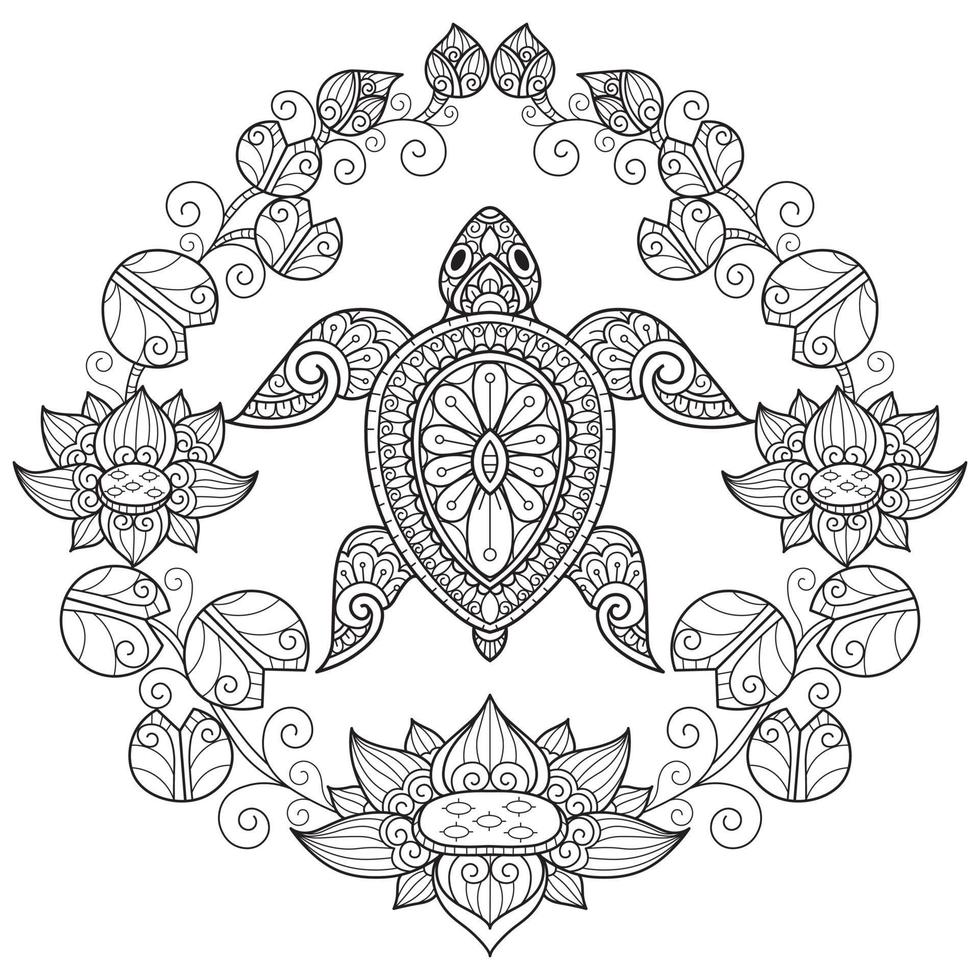 Schildkröte und Lotus auf weißem Hintergrund. handgezeichnete Skizze für Malbuch für Erwachsene vektor