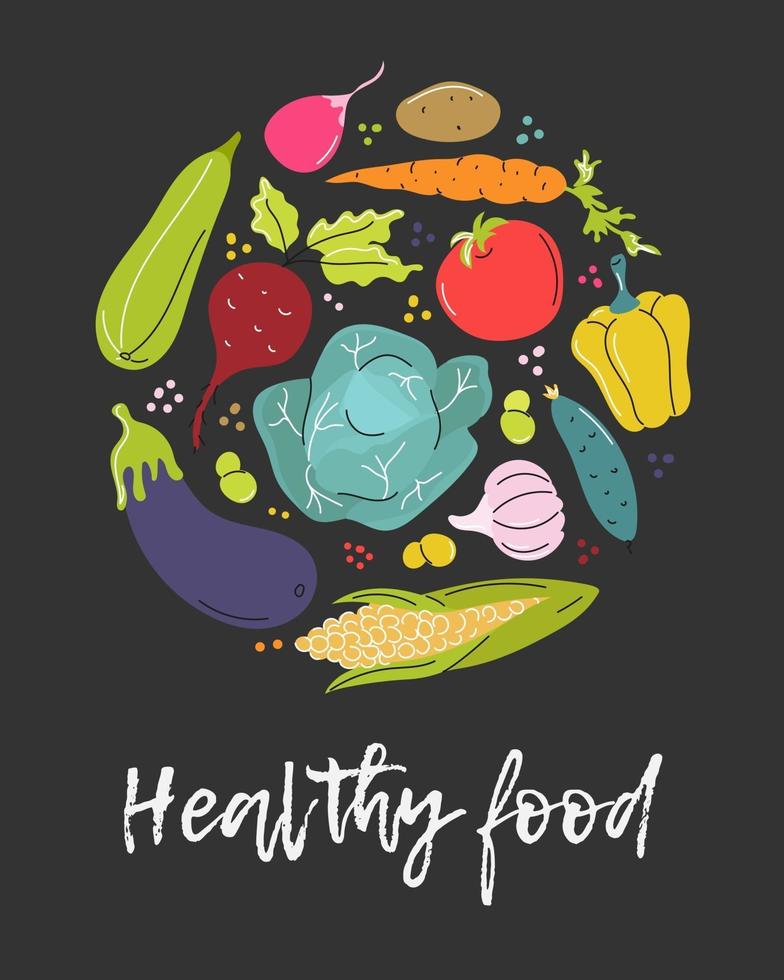 Gemüse in einem Kreis auf einem dunkelgrauen Hintergrund. gesundes Essen. Vektorbild in einem flachen Stil mit einer Inschrift vektor