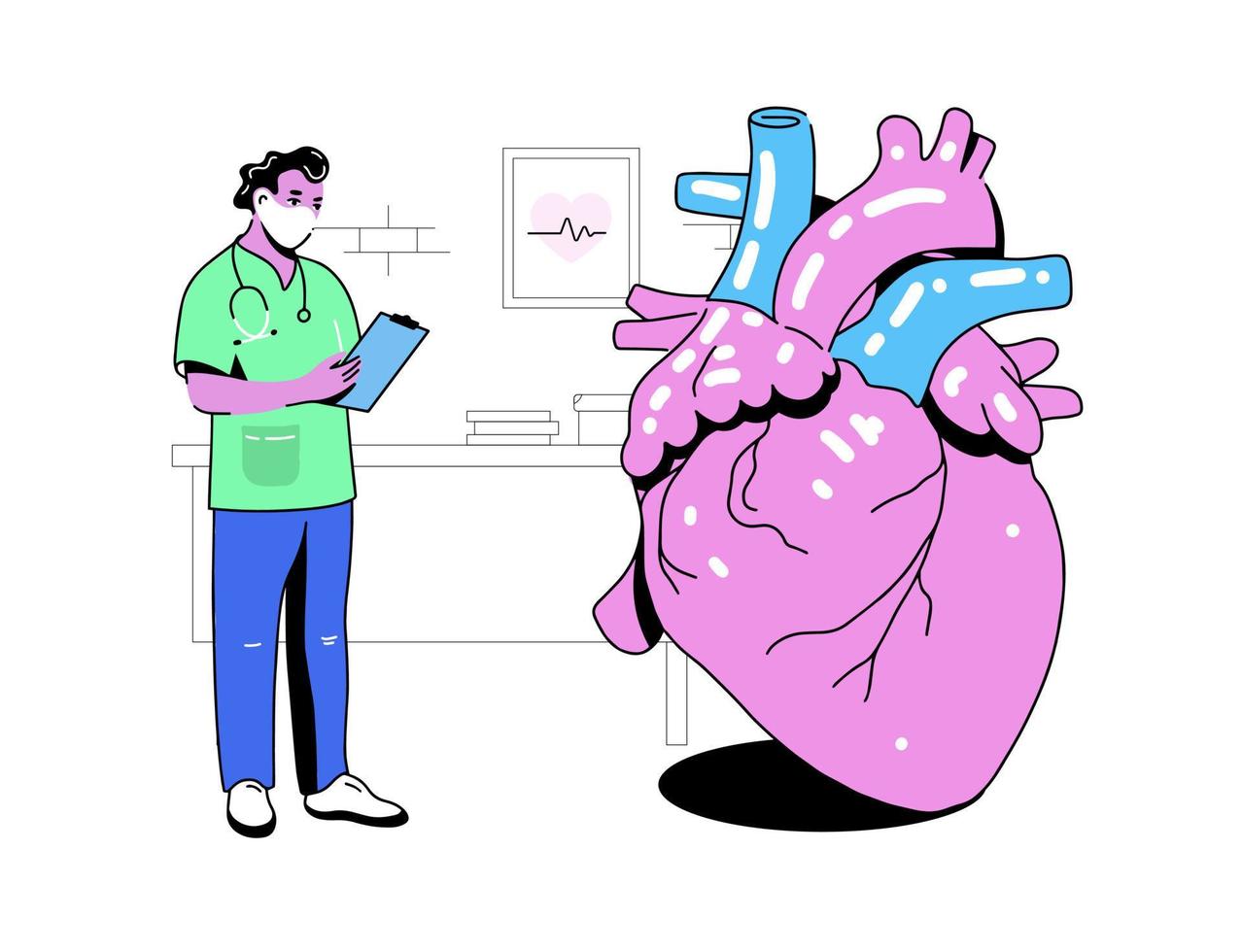 das Arzt untersucht das groß Herz. Vektor Illustration im Neobrutalismus Stil. Kardiologe führt Forschung auf das Herz. Krankenschwester steht und hält ein Mappe