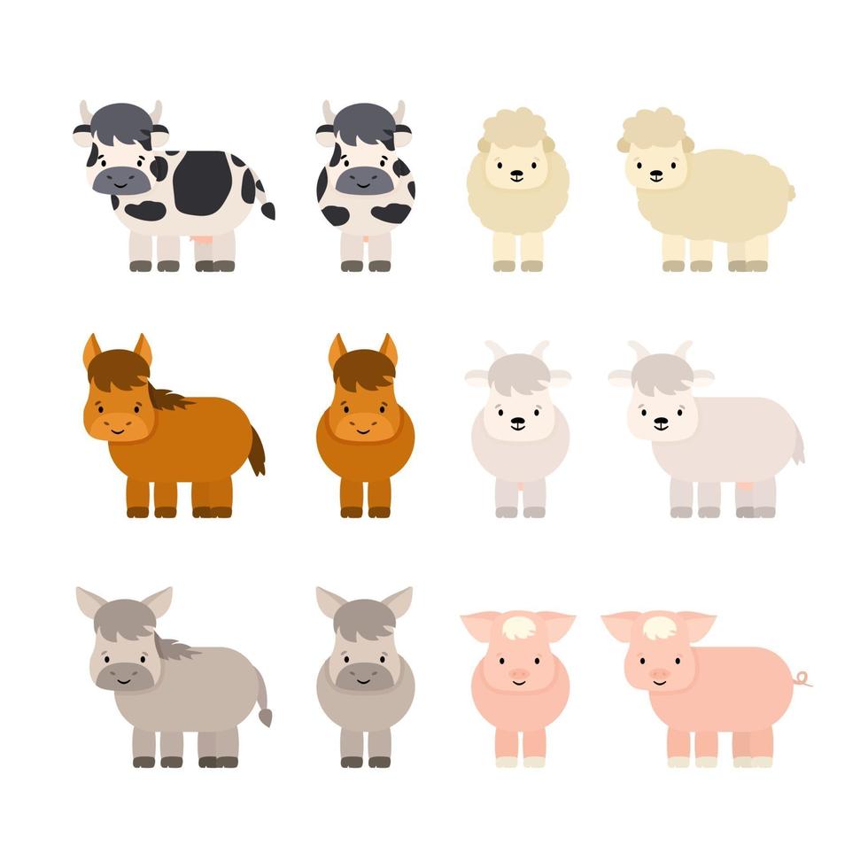 uppsättning gård söta tecknade djur. ko med juver, lamm, häst, get, åsna, gris. vektor isolerad illustration på vit bakgrund, platt stil, profil och full ansiktsvyer