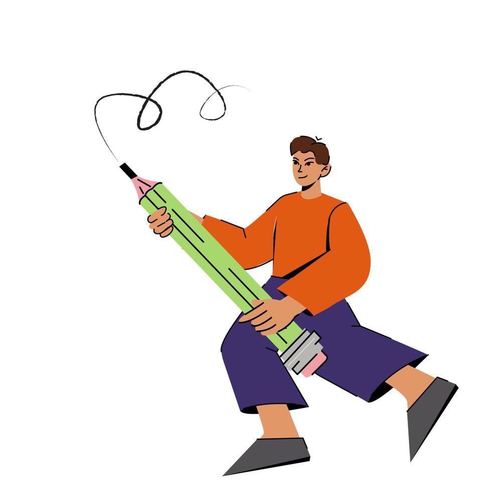 platt tecknad serie karaktär studerande pojke stående med en stor penna. vektor illustration isolerat på vit