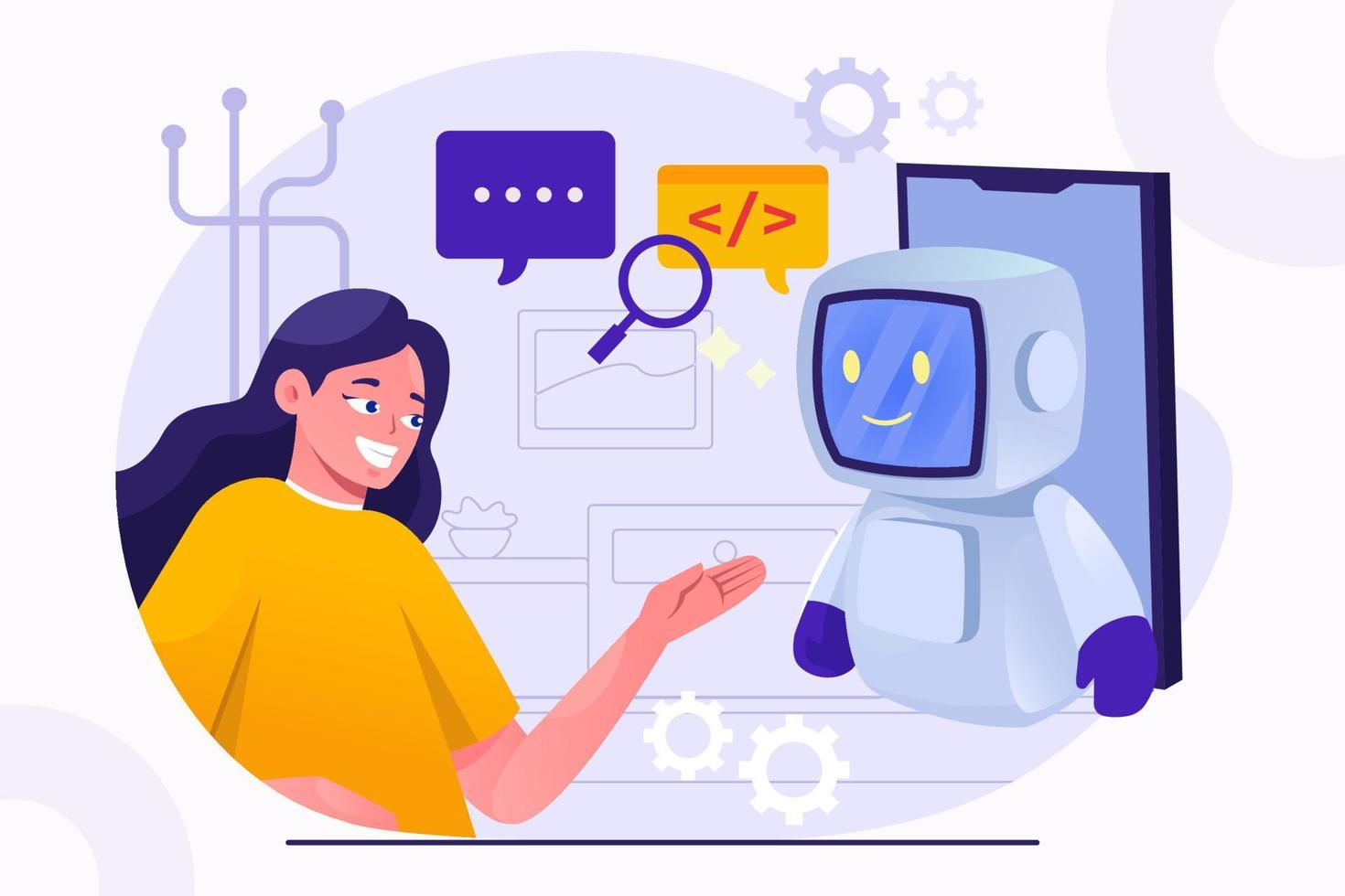 kvinna samspel med smart ai chatbot vektor