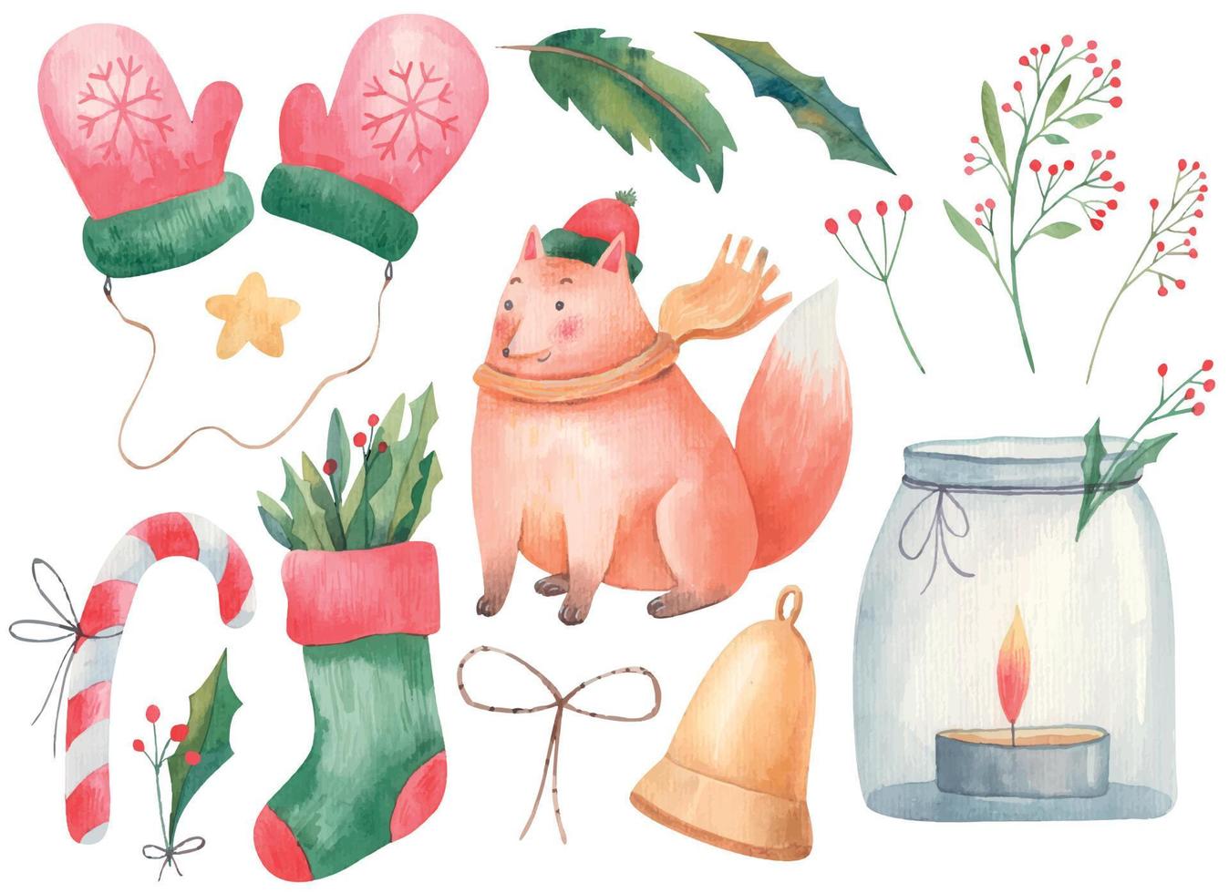 Weihnachten einstellen Kinder- Aquarell Illustration mit Fuchs, Handschuhe, Fäustlinge, Weihnachten Socke, Lutscher, Kerze im ein Krug, Leuchter und Zweige.eps vektor