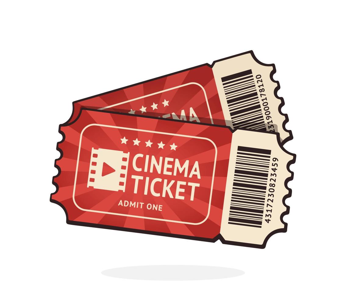 zwei Kino Tickets mit Barcode. Paar Papier retro Gutscheine zum Film Eintrag. Symbol von das Film Industrie. isoliert auf Weiß Hintergrund vektor