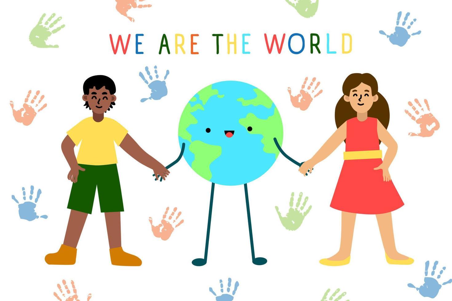 Erde Tag. wir sind zusammen. Kinder und unser Planet. Vektor Illustration im Karikatur Stil. süß Kinder zum Poster
