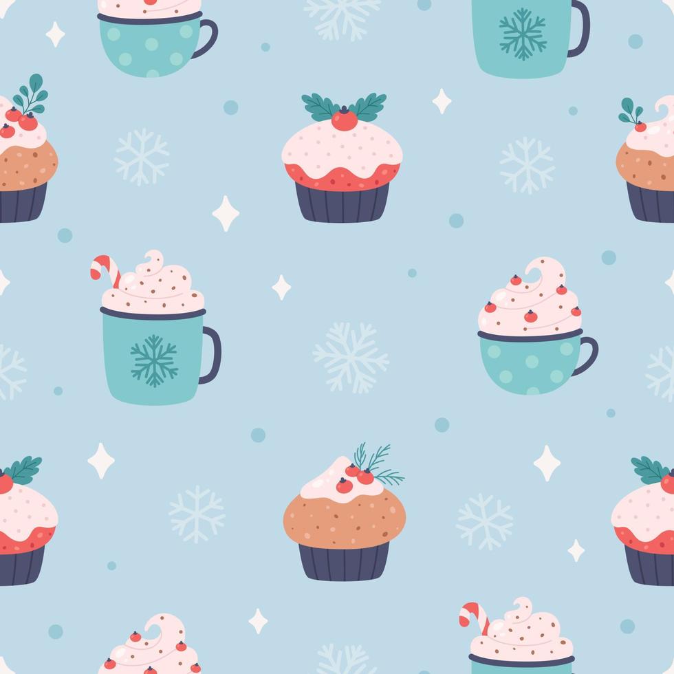jul sömlös mönster med varm drycker, cupcakes, snöflingor. jul sötsaker vektor