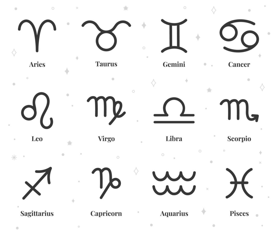 zodiaken tecken ikoner, astro horoskop symboler, astrologi tecken. fiskarna, vattuman, Vågen, skytten, Stenbocken, aries vektor ikon uppsättning