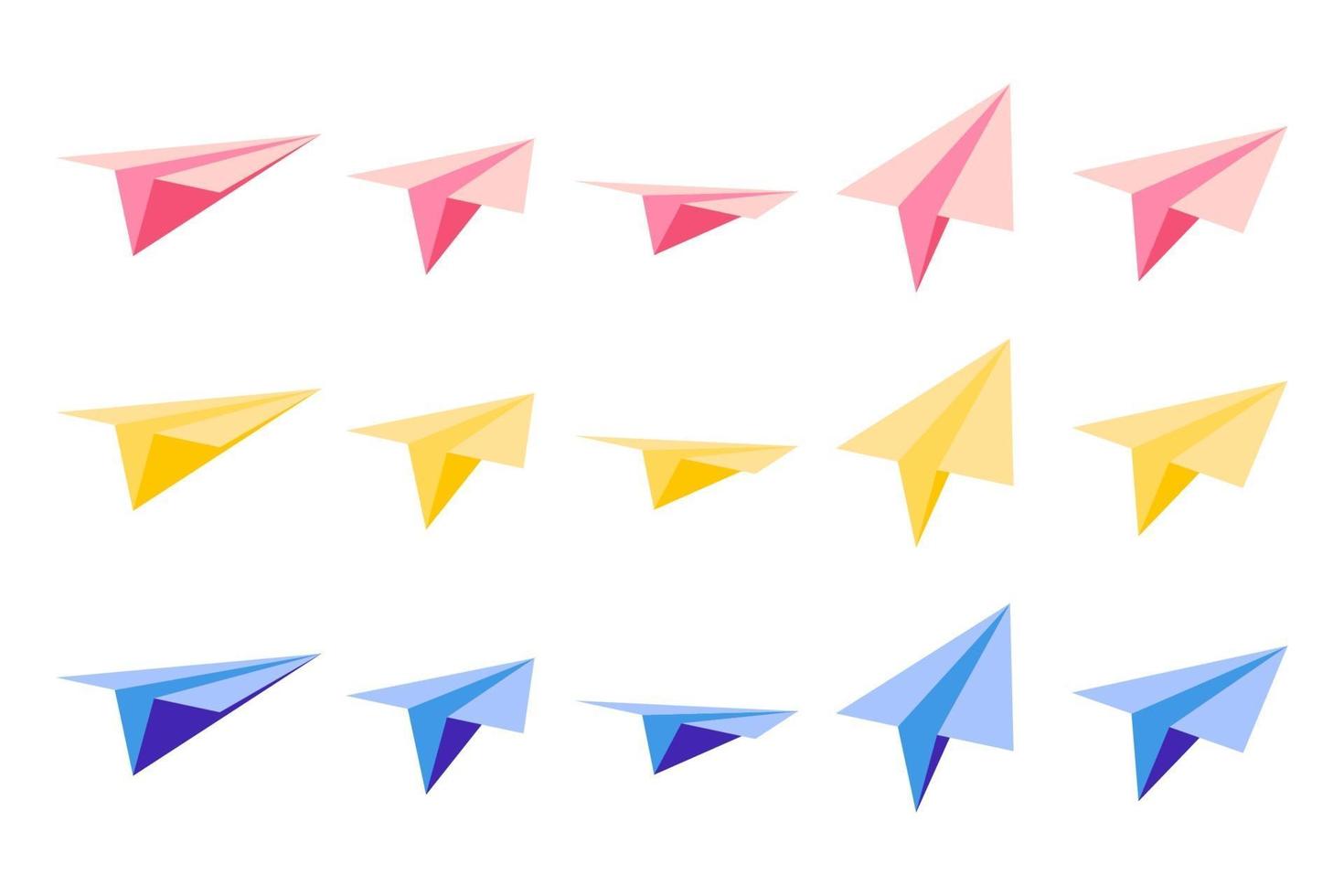 Satz von Vektorkarikaturillustrationen mit Origami-Papierflugzeugen mit Ansichten von verschiedenen Seiten auf weißem Hintergrund. vektor