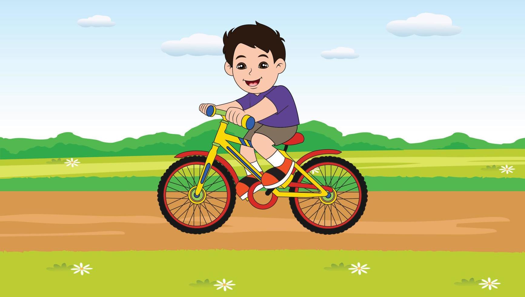 ein Junge Reiten ein Fahrrad im Garten Karikatur Charakter vektor