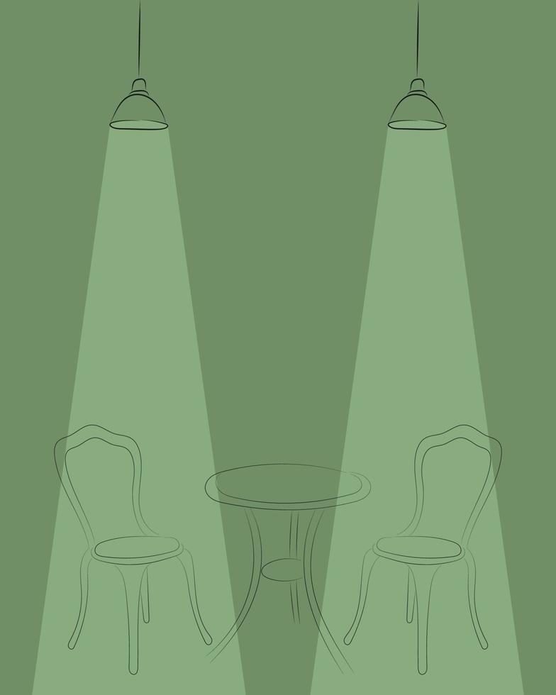 grön bakgrund på de tema av en restaurang, en skiss av de dragen konturer av en tabell och två stolar, belysning lampor vektor