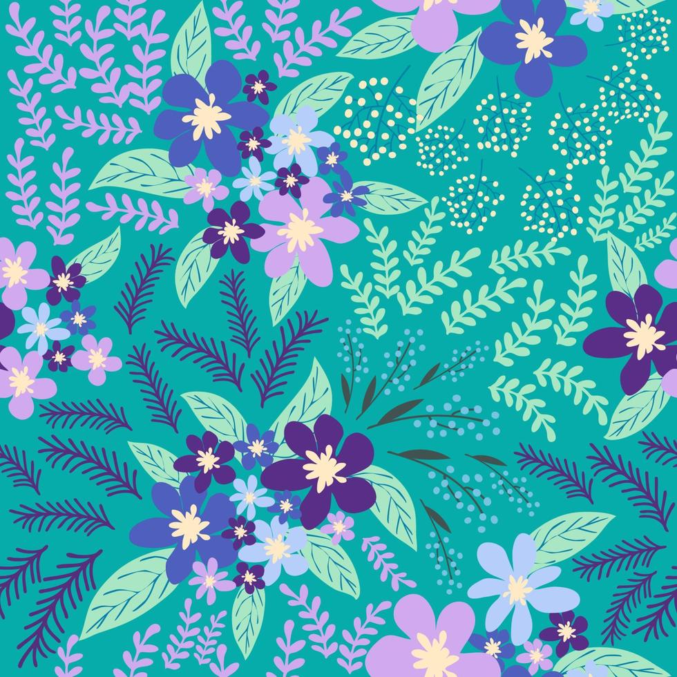 Fantasie nahtlos Blumen- Muster mit Blau, azurblau, tsmann, Lavendel Blumen und Blätter. elegant Vorlage zum Mode vektor