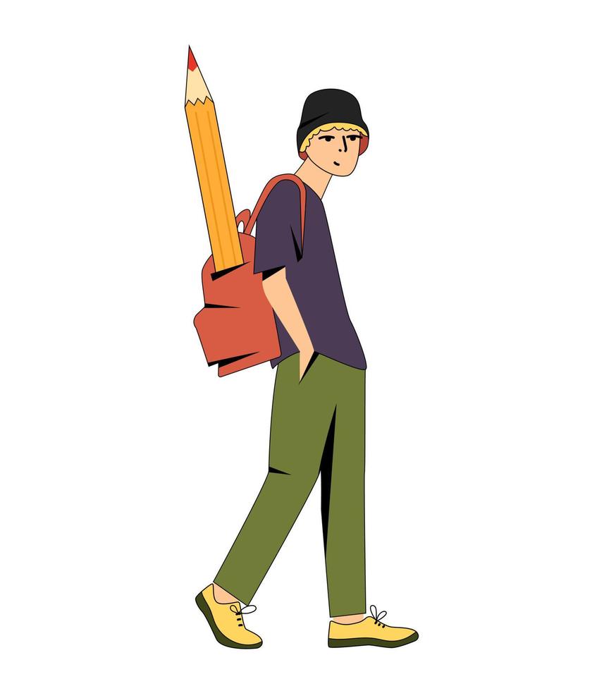 eben Schüler Stehen Bleistift. Kerl Schüler mit ein Rucksack und ein groß Bleistift. stilvoll jung Kerl. vektor