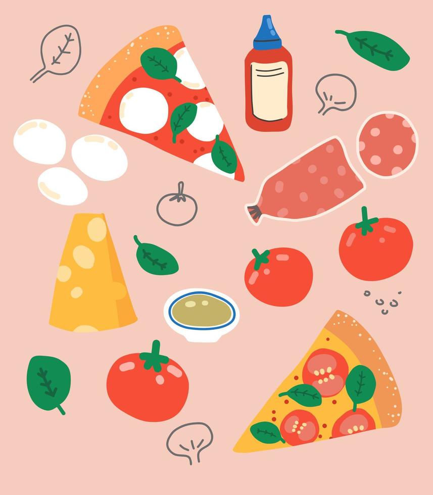 vektor pizza illustration. Ingredienser för pizza margherita med mozzarella och pepperoni