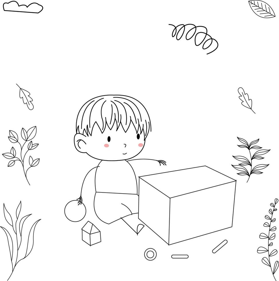 enkel och söt unge illustration i linje konst stil spelar med en låda vektor
