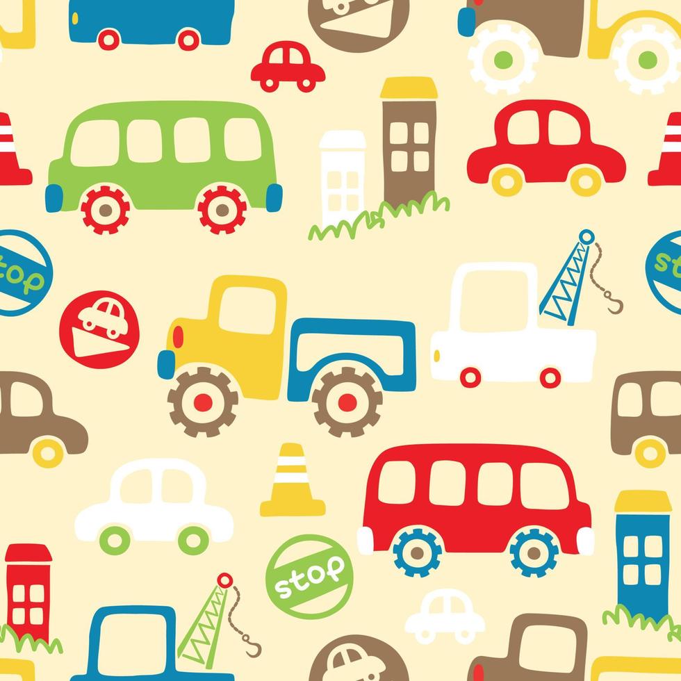 sömlös mönster vektor av färgrik fordon tecknad serie med byggnader, trafik element illustration