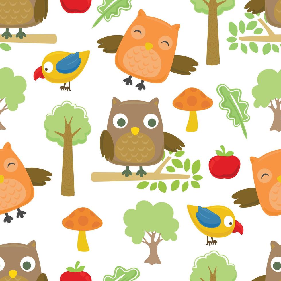 sömlös mönster vektor av rolig fåglar tecknad serie med träd, blad, svamp och frukt