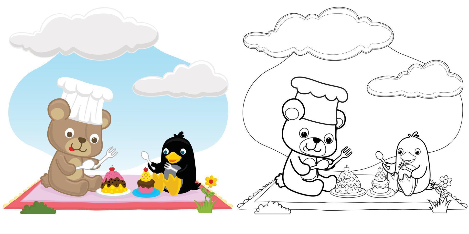 Vektor Karikatur von komisch Bär mit Pinguin genießen Kuchen Gericht auf Teppich, Färbung Buch oder Seite